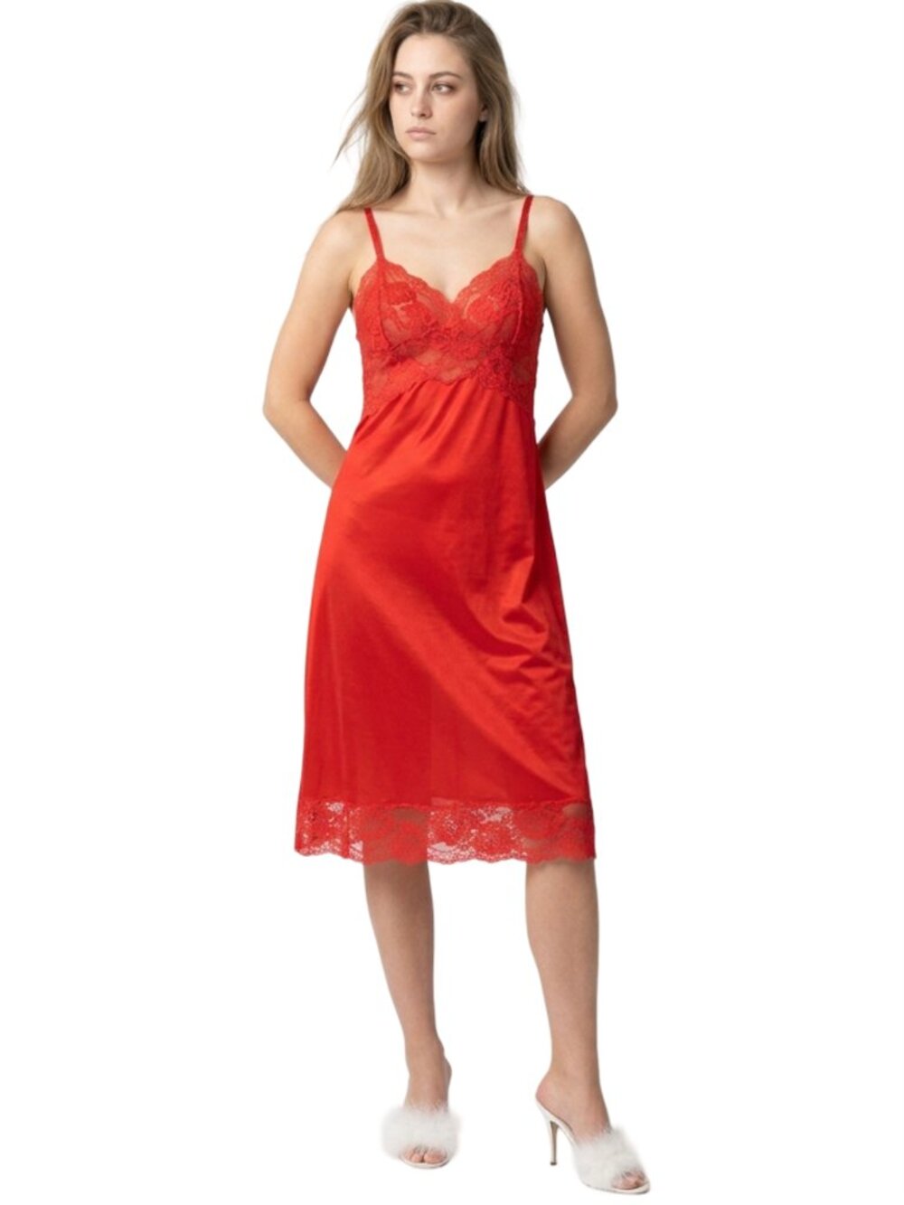 Vanity Fair Vtg 50s 60s Slip Chemise Lipstick Red Tricot Nylon Lace Bodice Lacy
